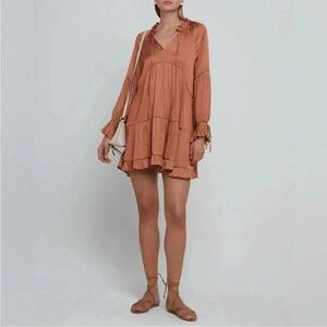 O.P.T Burnt Sienna colored Long Sleeve V-Neck babydoll dress